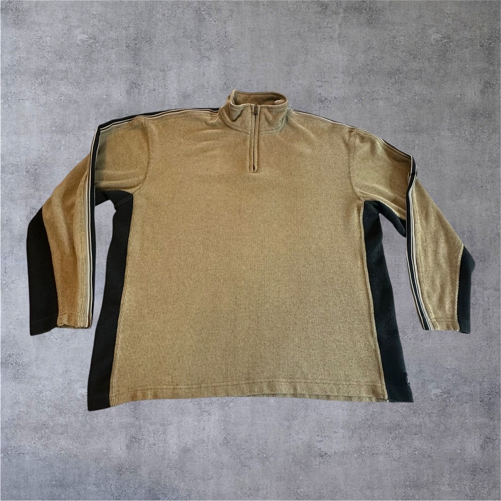Vintage Y2K Xtreme Gear Quarter Zip Pullover Mens Large Tan Black Ribbed Striped
